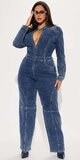 Tmavomodrý denim overal s dlhým rukávom a širokými nohavicami