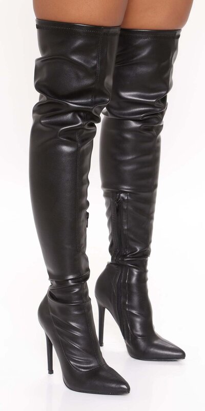 Čierne elastické kožené nadkolienkové čižmy s ultra vysokým podpätkom