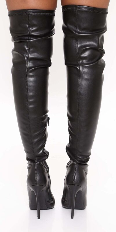 Čierne elastické kožené nadkolienkové čižmy s ultra vysokým podpätkom