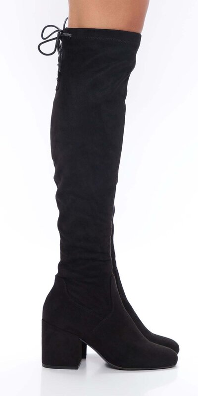 Čierne nadkolienkové semišové čižmy s hrubým podpätkom