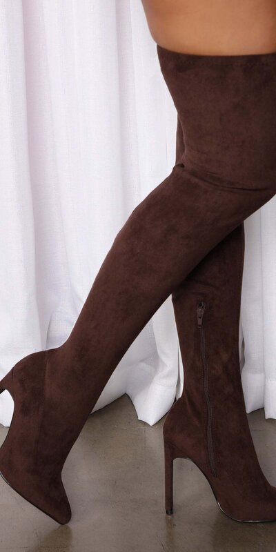 Čokoládové elastické nadkolenné čižmy na ultra vysokom podpätku zo semišu