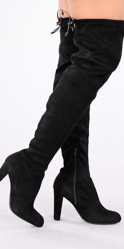 Čierne semišové nadkolenné čižmy s viazaním a stredným podpätkom