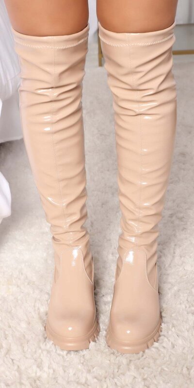 Béžové elastické kožené nadkolenné čižmy s okrúhlou špičkou a nízkym podpätkom