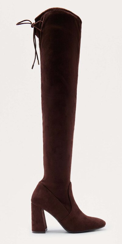 Hnedé semišové nadkolenné čižmy so šnurovaním a štvorcovou špičkou