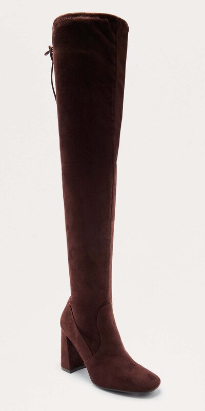 Hnedé semišové nadkolenné čižmy so šnurovaním a štvorcovou špičkou