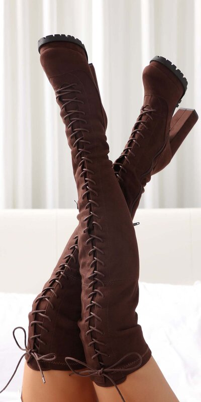 Nadkolenné čižmy na platforme – čokoládové Hnedá