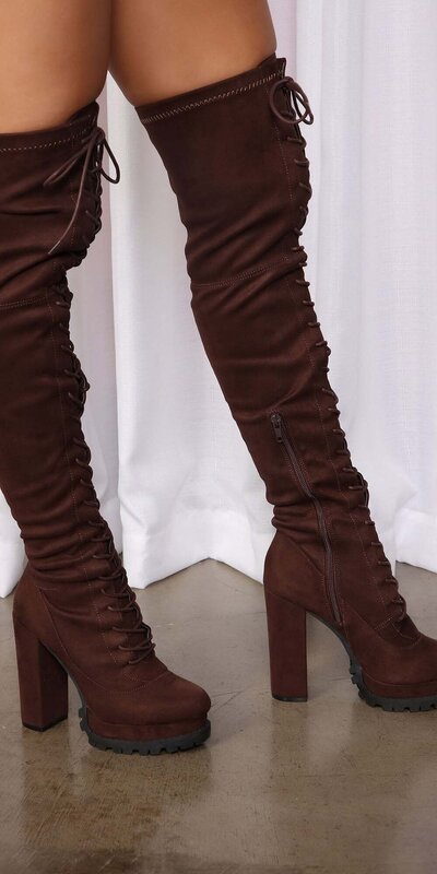 Nadkolenné čižmy na platforme – čokoládové Hnedá