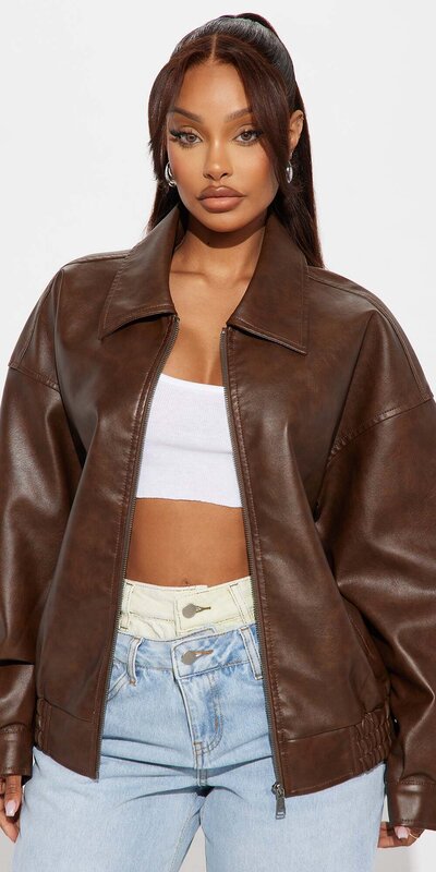 Hnedá oversize kožená bunda s golierom a vreckami