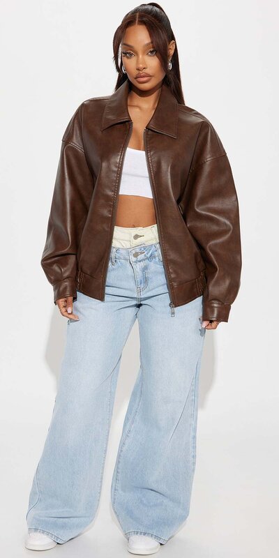 Hnedá oversize kožená bunda s golierom a vreckami