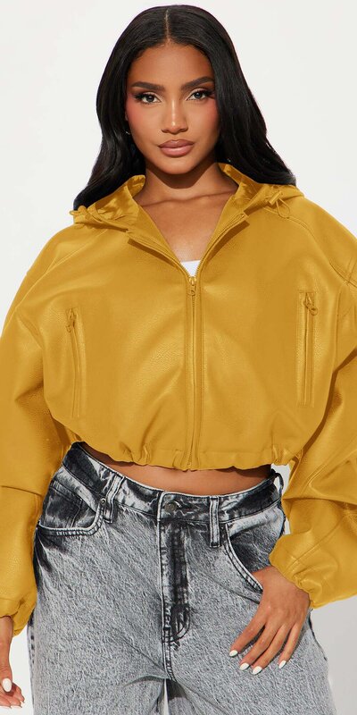 Horčicová kožená crop bunda s kapucňou