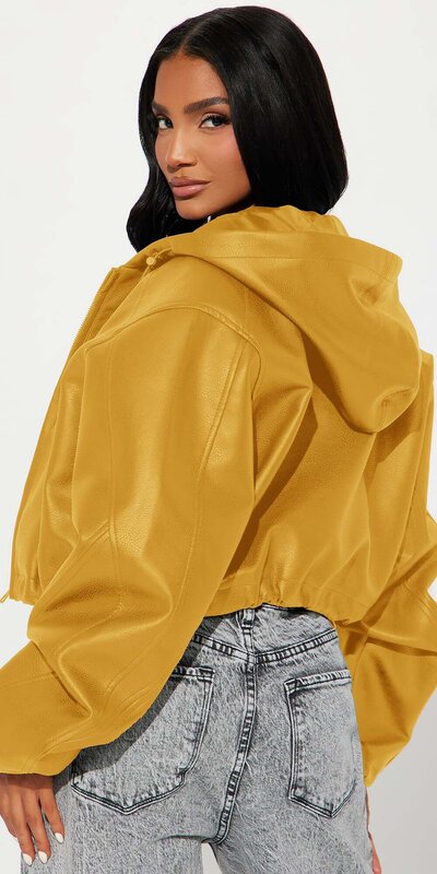 Horčicová kožená crop bunda s kapucňou