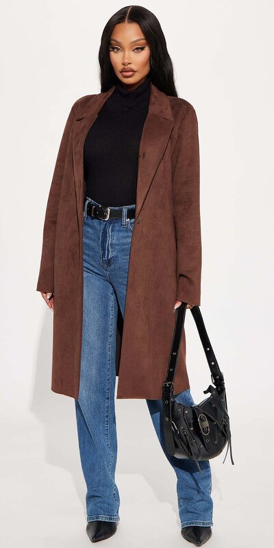 Hnedý semišový trenčkot s fazónovým golierom