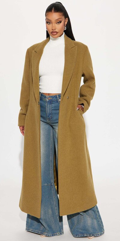 Khaki vlnený trenčkot s fazónovým golierom