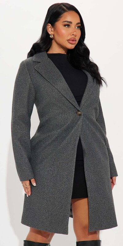 Šedý vlnený kabát s fazónovým golierom