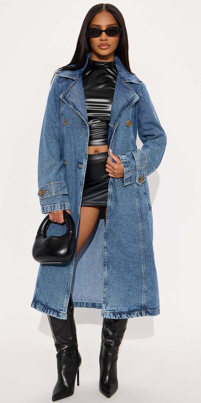 Modrý džínsový trenčkot s opaskom