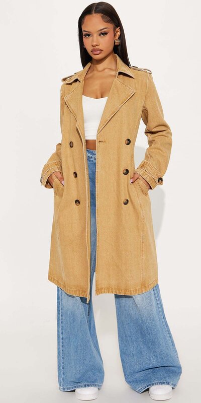 Béžový džínsový trenčkot s opaskom