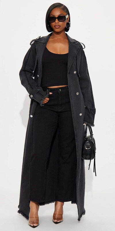 Čierny rifľový kabát s opaskom Čierna