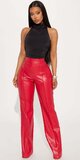 Červené koženkové elegantné nohavice s vysokým pásom a pukmi
