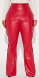 Červené koženkové elegantné nohavice s vysokým pásom a pukmi