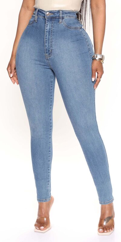 Stredne modré skinny rifle s vysokým pásom a elastickým strihom