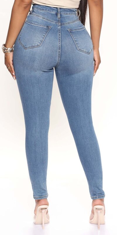 Stredne modré skinny rifle s vysokým pásom a elastickým strihom