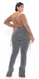 Skinny šedé džínsy s vysokým pásom a rozparkami pri členkoch