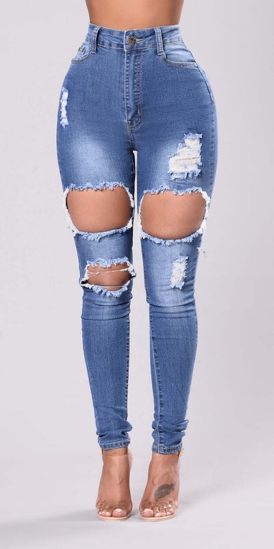 Modré skinny džínsy s rozparkami na stehnách