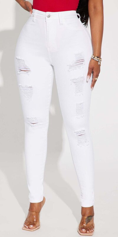 Biele roztrhané skinny džínsy s vysokým pásom