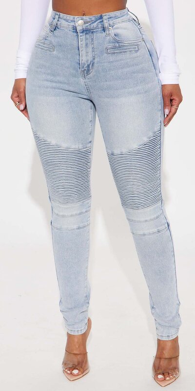 Svetlomodré moto skinny džínsy s vysokým pásom