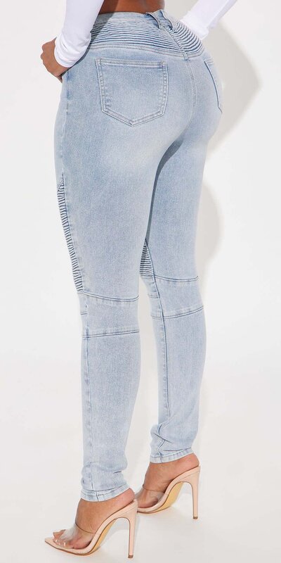 Svetlomodré moto skinny džínsy s vysokým pásom