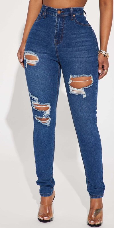 Tmavomodré roztrhané skinny rifle s vysokým pásom