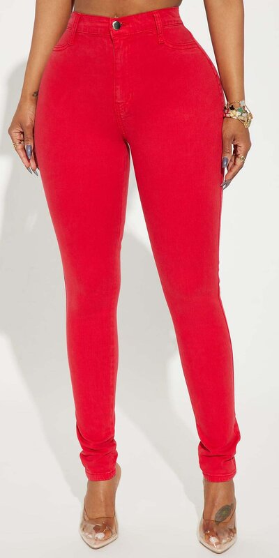 Červené skinny rifle s vysokým pásom