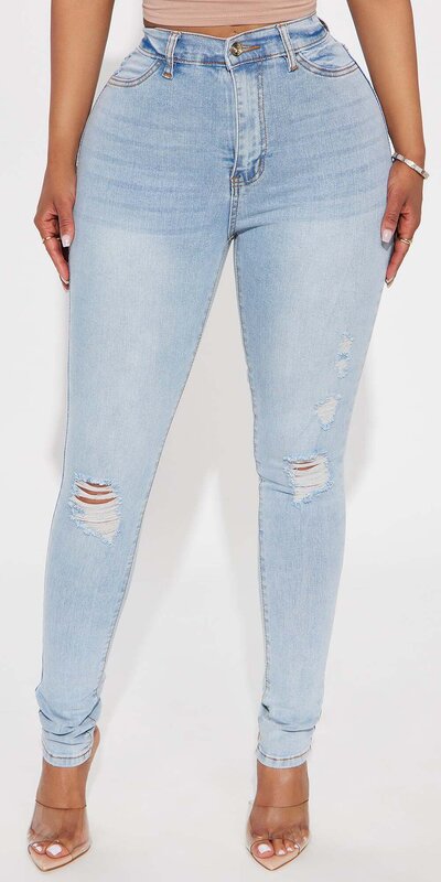Svetlomodré skinny džínsy s push up efektom, vysokým pásom a roztrhaným dizajnom