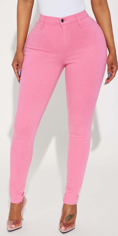 Ružové skinny džínsy s vysokým pásom
