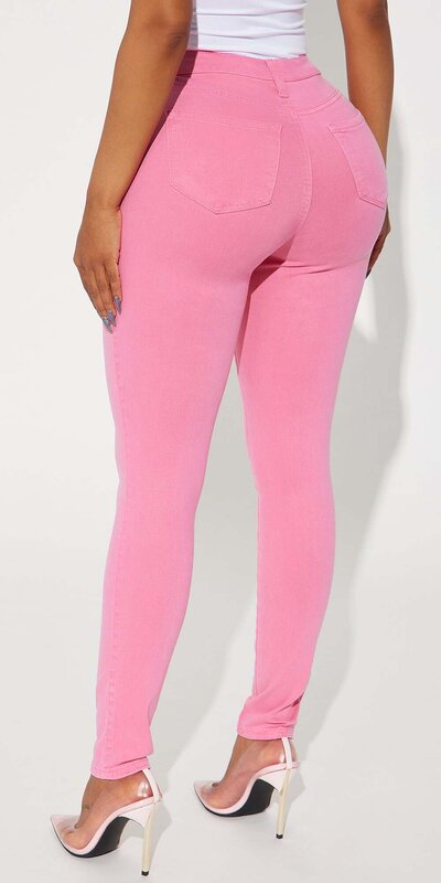 Ružové skinny džínsy s vysokým pásom