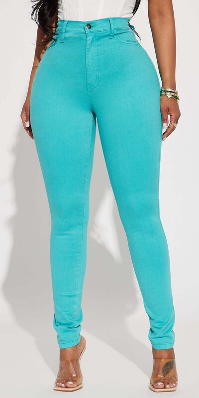 Akvamarínové skinny džínsy s vysokým pásom