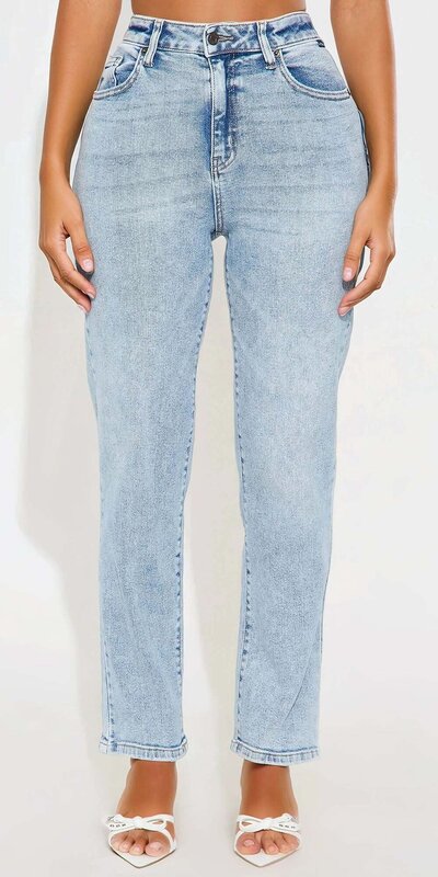 Modré rovné džínsy s vysokým pásom v slim strihu