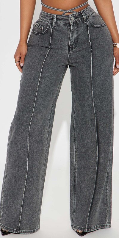 Šedé wide leg džínsy s prekríženým pásom