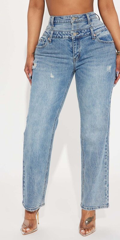 Modré rovné 7/8 džínsy s dvojitým pásom a roztrhaným efektom