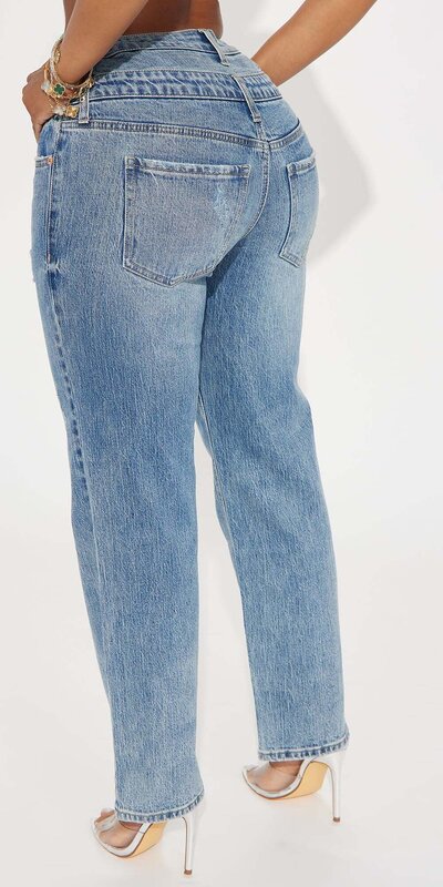 Modré rovné 7/8 džínsy s dvojitým pásom a roztrhaným efektom