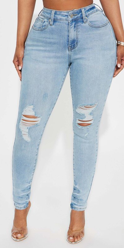 Svetlomodré skinny džínsy s roztrhaným efektom a vysokým pásom