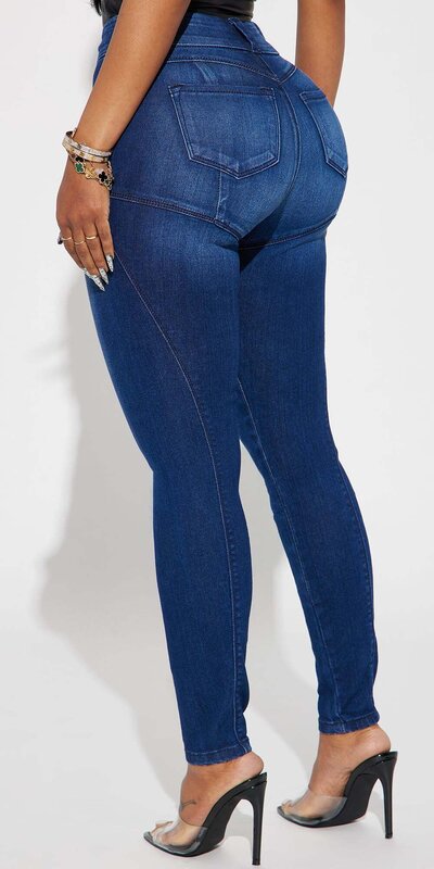Tmavomodré moto skinny džínsy s push up efektom a vysokým pásom