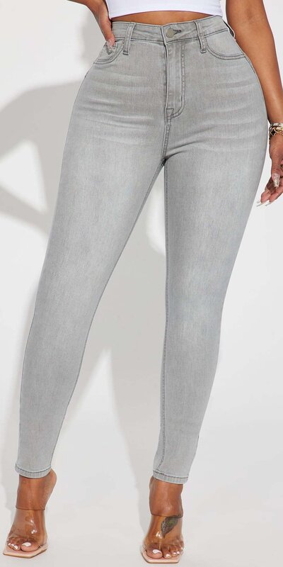 Šedé skinny džínsy s push up efektom a vysokým pásom