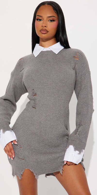 Šedé mini šaty s golierom a moderným distressed efektom