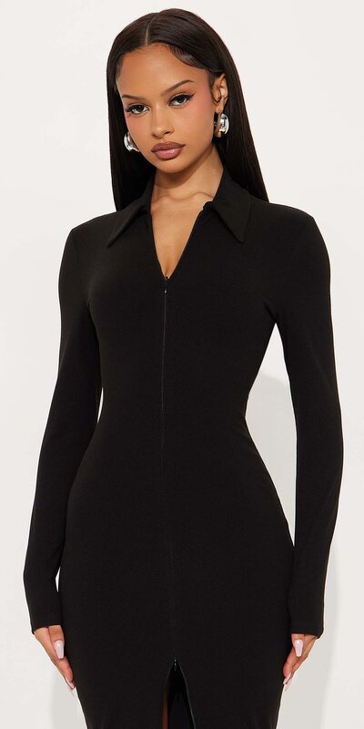 Čierne rebrované midi šaty na zips s dlhým rukávom