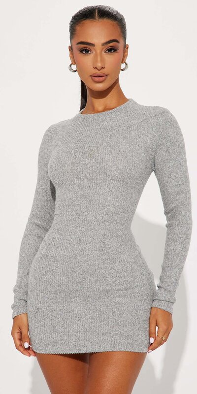 Sivé basic mini šaty s dlhými rukávmi