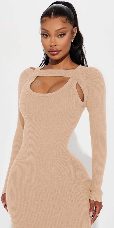 Béžové midi šaty s odhalenými ramenami a výrezom