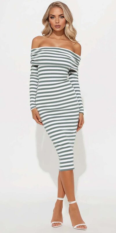 Bielo-khaki pruhované midi šaty s odhalenými ramenami a dlhými rukávmi
