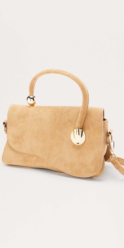 Béžová semišová satchel kabelka s preklopným zapínaním