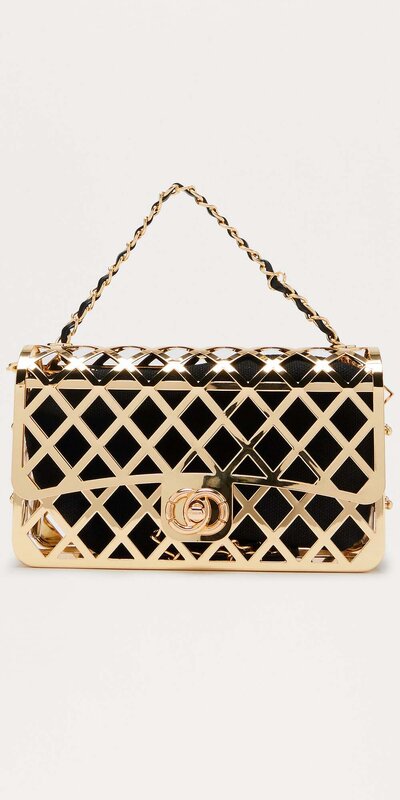 Zlatá kovová listová kabelka s retiazkovým remienkom